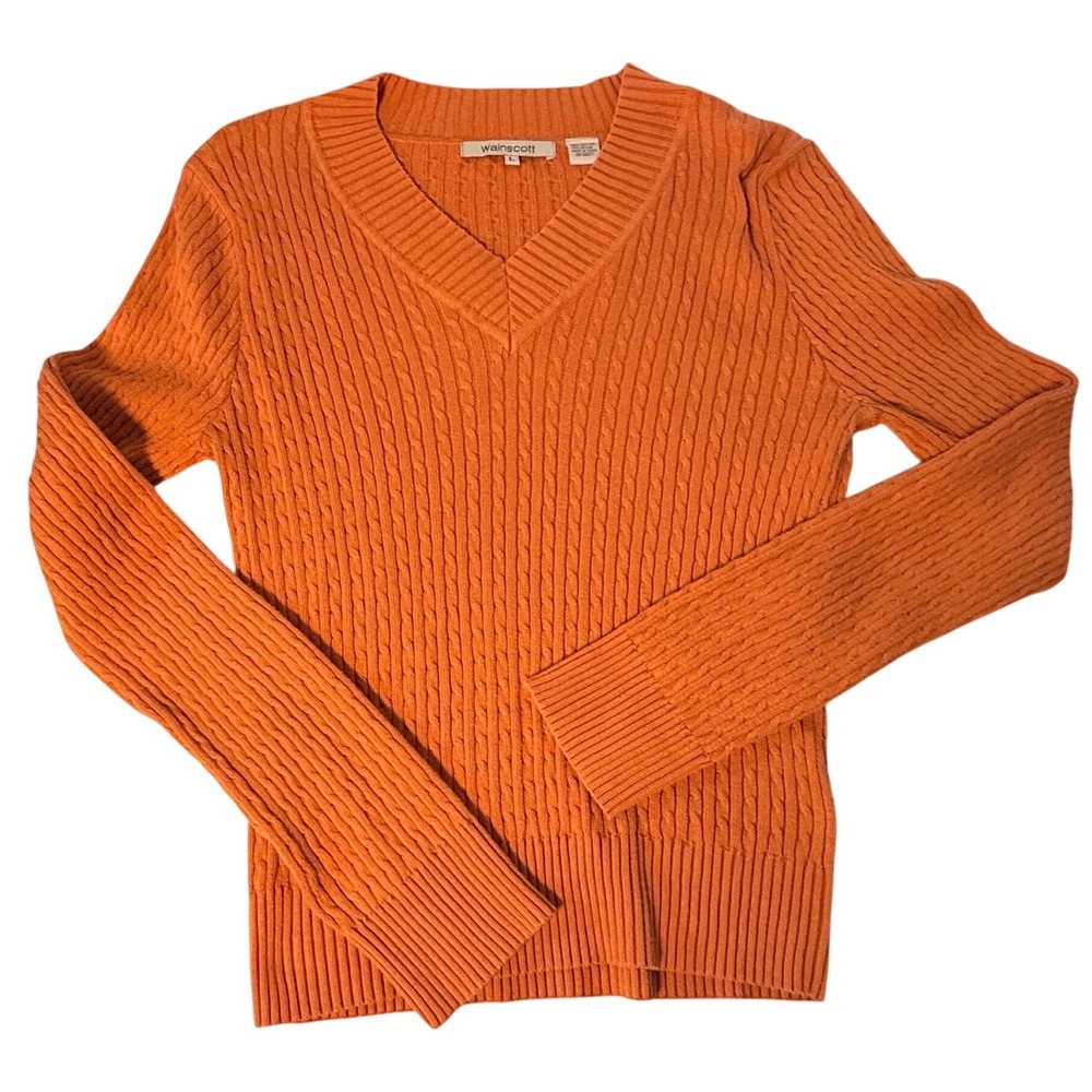Wainscott Womens Orange Cable Knit V-Neck Cotton Blend Sweater Size Large Fall